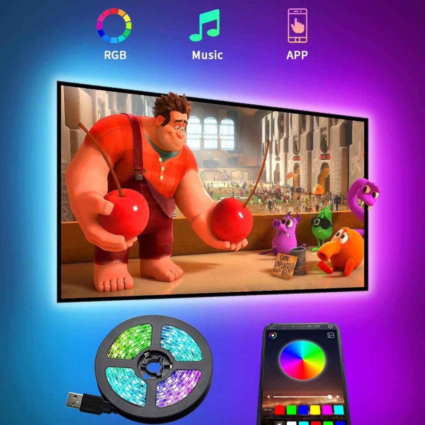 RGB TV LED Backlight Strip, Bluetooth and App